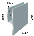 Lasituslista alumiini Y-profiili Luonnonväriin anodisoitu - 45mm korkea, 8.5mm lasiura, S1.7mm Luonnonväriin anodisoitu