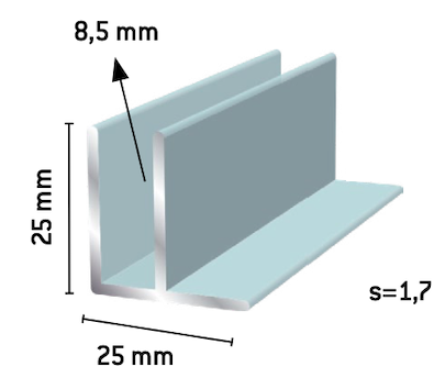 Lasituslista alumiini F-profiili Luonnonväriin anodisoitu - 25×25mm, 8.5mm lasiura, S1.7mm Luonnonväriin anodisoitu